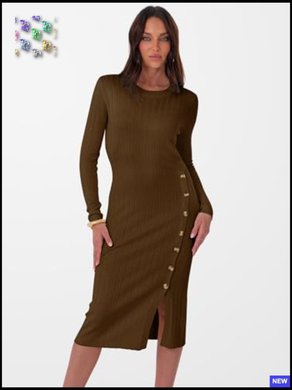 Long Sleeve Midi Dress Ribbed Knit Bodycon Fitted Button Down Sweater Dress - Picture 2 of 7